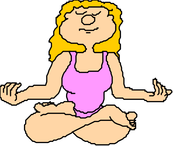 The cartoon shows a woman sitting cross legged on her yoga mat with hands clasped together at chest level while eyes are closed in concentration; she is wearing pink clothing and has blonde hair tied back.