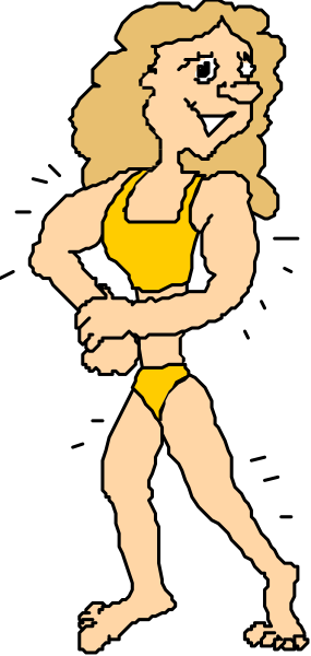 The image shows a cartoon of an athletic woman with blonde hair wearing a yellow bikini top standing next to what appears to be a black background.