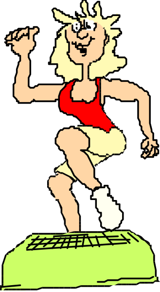 The black and white cartoon shows a woman running on an inclined surface with her arms outstretched for balance; she is wearing shorts and has blonde hair tied back in a ponytail.