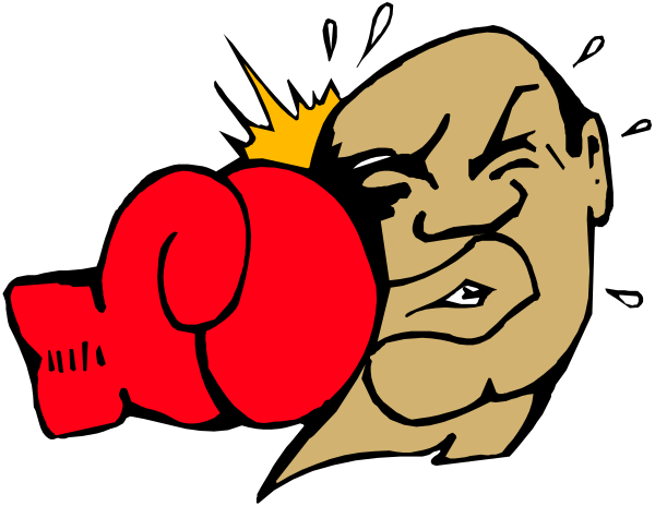 The image shows a cartoon of two boxing gloves with an animated face between them that appears to be shouting or yelling.