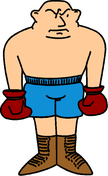 The cartoon shows a boxer standing with his fists up against an opponent's face; he is wearing blue shorts and red gloves while holding two ropes in each hand.