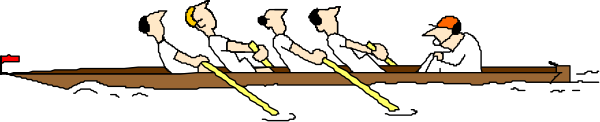 The image shows a group of cartoon characters rowing on an oar boat with paddles.