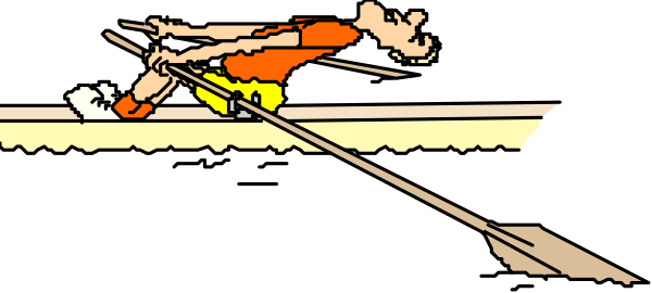 The image shows a cartoon of an athlete running with two oars extended behind them on either side, suggesting motion through water as if in rowing competition.
