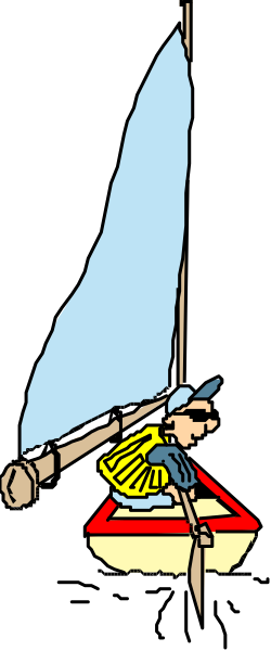 The image shows a cartoon of an adventurous boy on his boat with sailing gear around him.