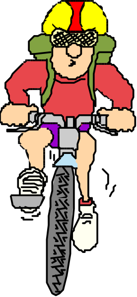 The image shows a cartoon of an adult male riding a bicycle on what appears to be a road with no other vehicles in sight; he is wearing sunglasses over his eyes and has short hair that's colored yellow, red, green, blue, purple, orange, white, black.