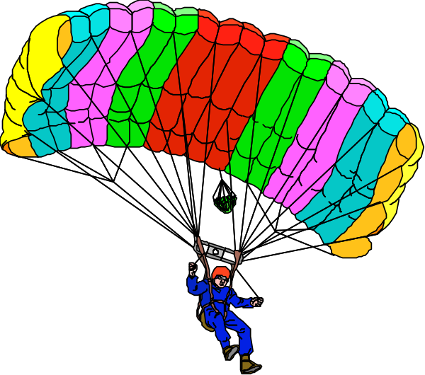 The image shows a colorful parachute with stripes of red, green, yellow, blue, pink, orange, purple, black, white, gray, brown, tan, cream colored sections in various sizes and shapes against a dark background; there is an illustration on top left corner depicting two people jumping from the same point.