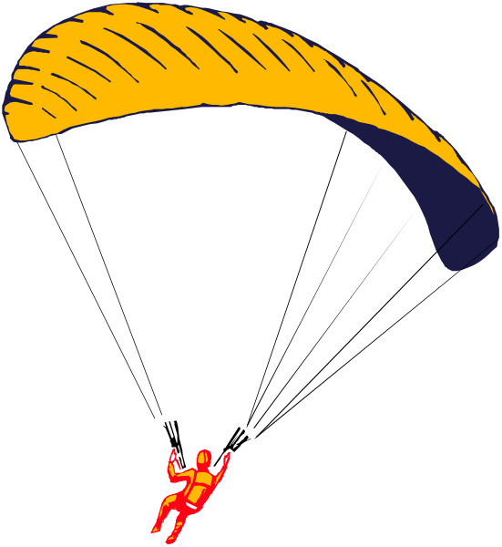 The image shows a person paragliding with an orange canopy over them against a black background.