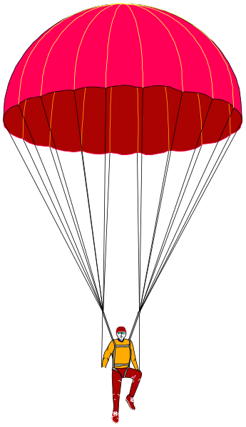 The image shows a person standing under an umbrella with red canopies that has yellow stripes on it; above them is another identical pink umbrella floating in mid-air against a dark background, and below both of these items there's a smaller figure wearing orange clothing who appears to be falling or jumping.