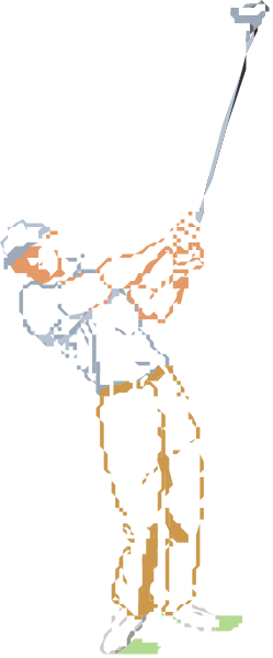 The image shows a pixelated golf player swinging at an unseen ball on what appears to be a course with trees in the background.