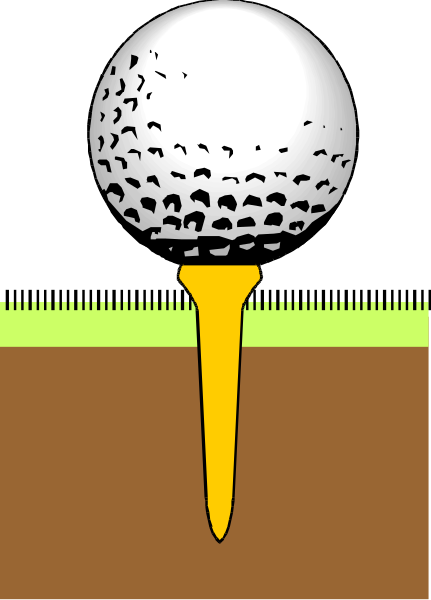The image shows a golf ball on top of an open umbrella with a yellow handle sticking out from it against a black background; there is also what appears to be a small green plant in front of them, and below that, two brown lines representing ground or soil levels.