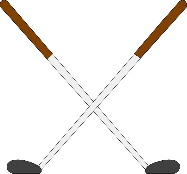 The black and white illustration shows a pair of crossed golf clubs with two balls resting on them against an unseen background.
