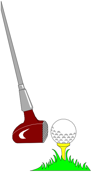 The image shows a golf club with two balls on it: one red ball that is being hit by another white ball; there's also an open umbrella in front of them both.
