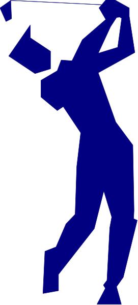 The image shows a blue silhouette of an animated character playing golf on what appears to be a black-and-white background with diagonal stripes.