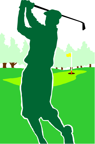 The image shows a pixelated golf player on a green course with trees around it during what appears to be dusk due to dark sky in background.