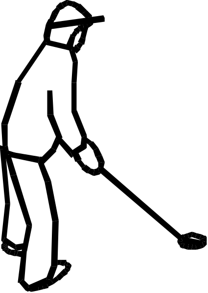 The black and white silhouette of a person playing golf at night with their back to us.