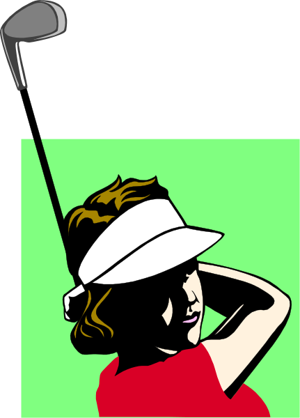 The image shows a cartoon of an animated female golfer wearing red attire with her hands on hips while holding golf clubs in both hands; she is standing against a green background that suggests grassy terrain typical for a golf course, and there's no visible text or other objects present.