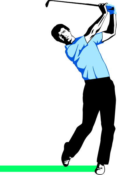 The image shows a black and white silhouette of an animated person playing golf on what appears to be a green course with trees in background; there is no text present within this small clip-art image.