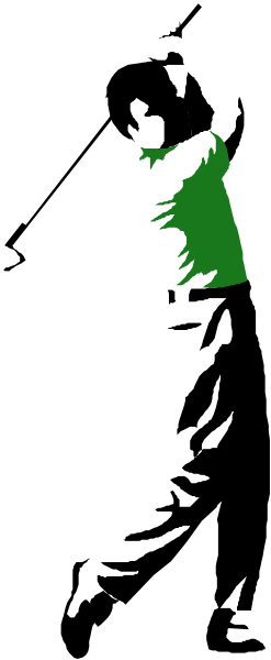 The image shows a black and white silhouette of an individual playing golf with clubs on what appears to be a course at nighttime under artificial lighting.