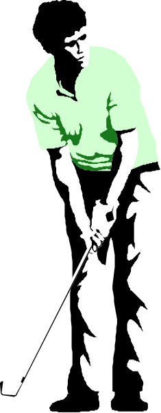 The image shows a black and white silhouette of an adult male golfer swinging at a golf ball on a course with clubs in hand.