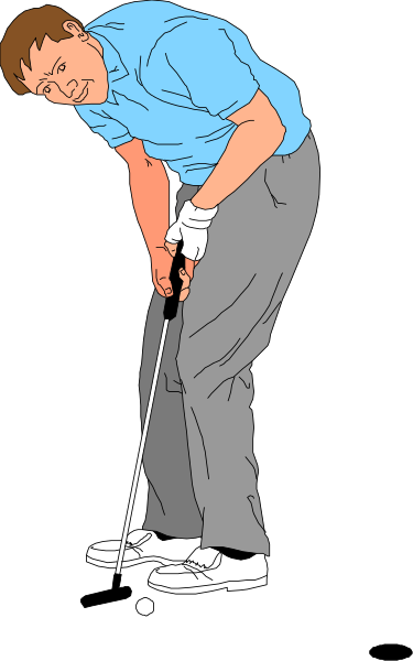 The image shows a cartoon of an adult male golfer preparing to hit a golf ball with his club on what appears to be a green course during daylight hours.