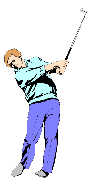 The image shows a cartoon of an animated man playing golf on a course with clubs; he is wearing blue pants and holding one club in his right hand while swinging another behind him to hit a ball that's out of frame, set against a gray background.