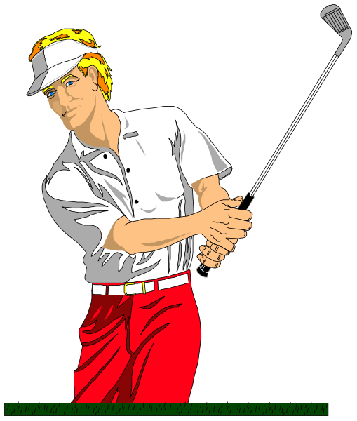 The image shows a cartoon of an animated golfer wearing red pants swinging at a golf ball on what appears to be a green course with trees in background.
