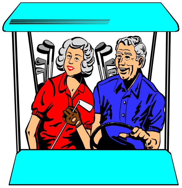 The image shows a vintage illustration of two cartoon characters inside an old car with golf clubs visible through its windows; both figures appear to be in mid-conversation while driving down what seems like a road, and there's no text present within this frame.