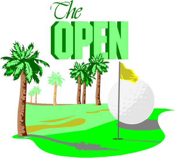 The image shows a stylized representation of an open golf course with palm trees on either side, featuring a green ball in motion towards a hole marked by two flags; above this scene is text that reads "THE OPEN."