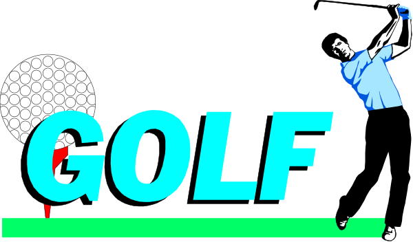 The image shows a cartoon of two golfers on a green course with white balls; there is text that reads "GOLF" in blue letters at top right corner.