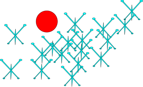 The image shows a digital display with an array of red dots on what appears to be black backgrounds against different shapes that resemble trees in various sizes and orientations.