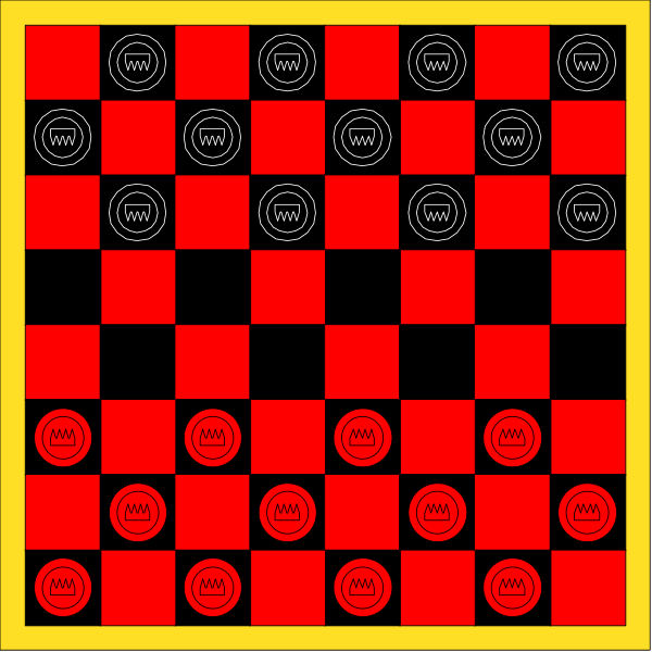 The image shows a checkers game with red squares on top of black ones against a yellow background; there is no text present in this clip-art representation.