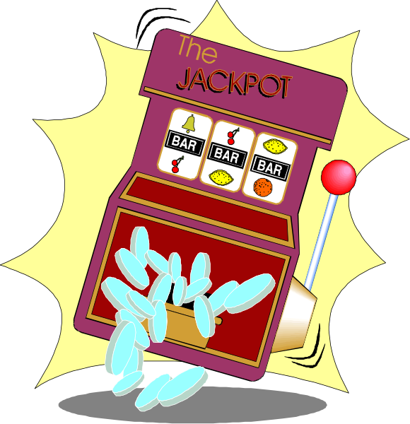 The image shows a cartoon depiction of an arcade machine with its top blown off to reveal slot machines inside filled with various items like coins, tokens, and what appears to be candy pieces spilling out onto the ground below it.