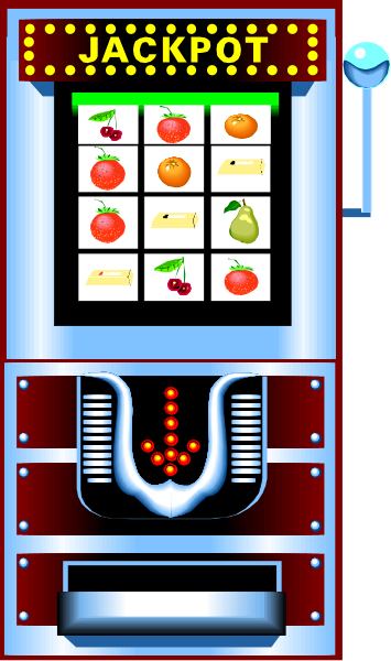 The image shows a vintage slot machine with fruit symbols on its reels against an orange background; it has three visible wheels displaying cherries, lemons, and bananas respectively.