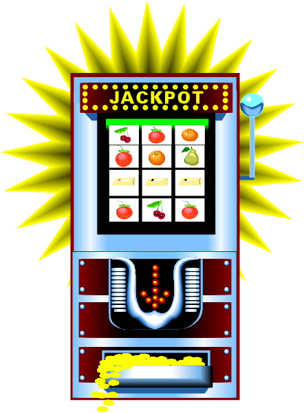 The image shows a colorful slot machine with various fruits on its reels against an orange background featuring sun rays at top right corner.