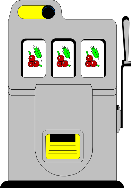 The image shows a slot machine with three cherries on its reels against a black background.