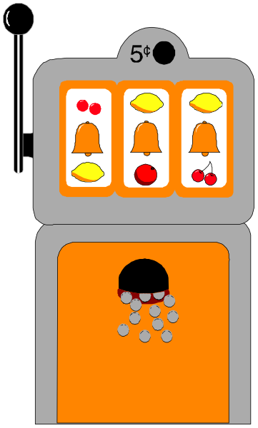 The image shows a slot machine with various fruits on it as symbols for winning combinations: apples, bananas, cherries, lemons, melons, strawberries, grapes, pineapples, peaches and plums; there is also an orange button labeled "5¢" at the bottom.