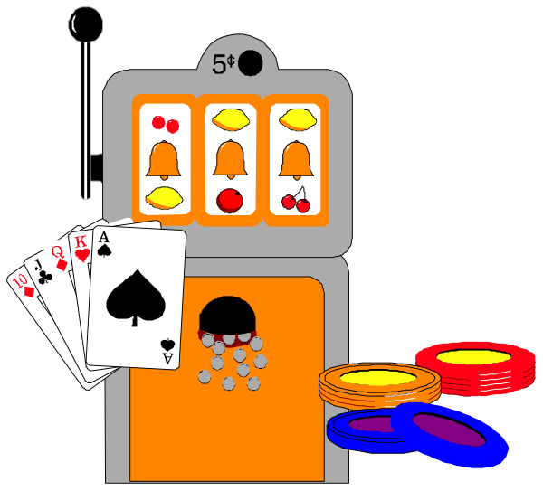 The illustration shows a slot machine with various symbols on its reels such as cherries, lemons, bell peppers, bananas, apples, grapes, melons, pineapples, and an orange slice; above it is a sign indicating "5 CENTS" per play. To the right of the slot machine are playing cards including Aces, Kings, Queens, Jacks, 10's through to Deuces in descending order on top of each other with Jokers at bottom and Spades symbols above them; a pair of dice