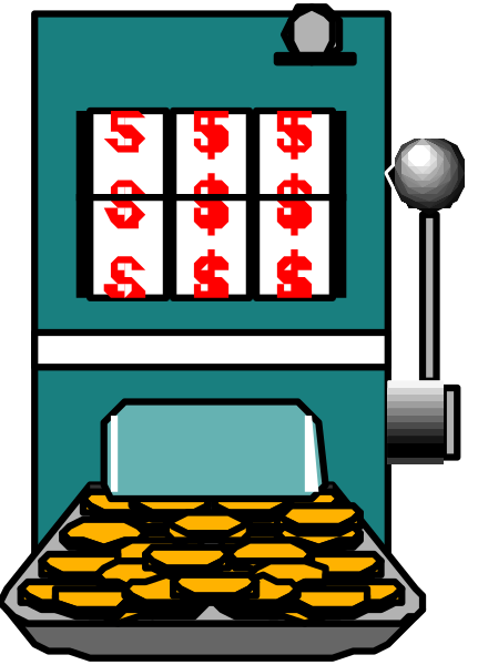 The image shows a pixelated slot machine with money coming out of it placed on top of what appears to be an ice cream truck that is parked in front of a building labeled "Sunday School."
