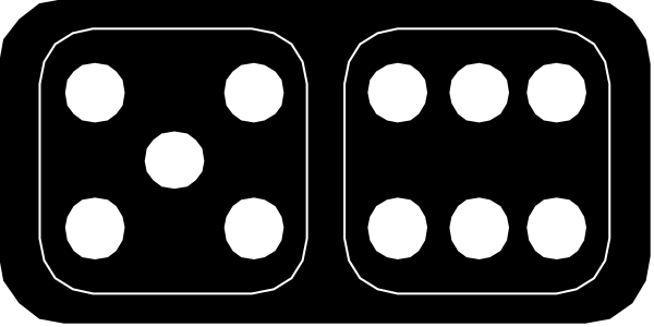 The image shows a black die with white dots on it placed against a gray background.