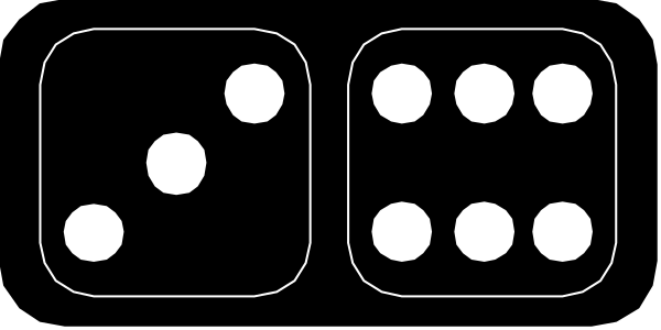 The image shows a black die with white dots on it against a gray background.