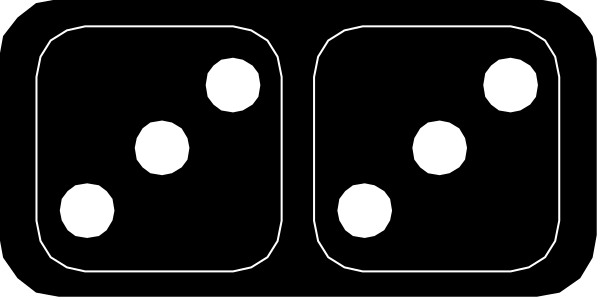 The image shows a pair of dice with six dots on each side against a dark background.