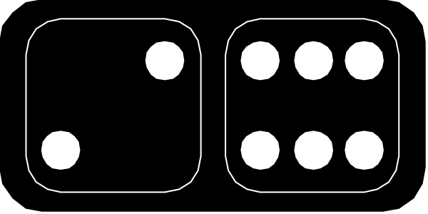 The image shows a graphic of two dice with six pips each on their sides against a dark background.