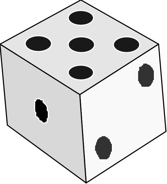 The image shows a die with six dots on each side inside an enclosed cube shape against a black background.