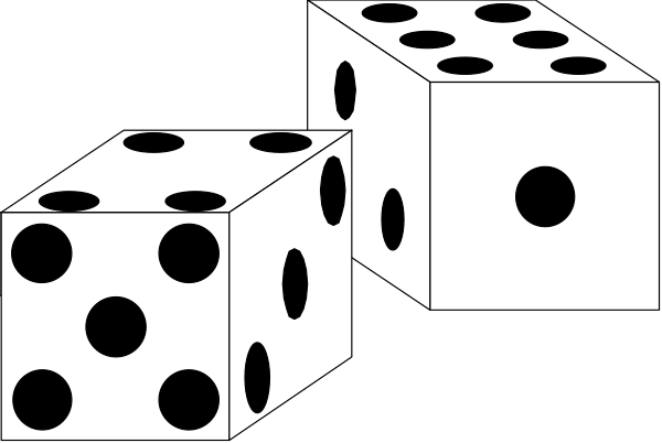 The black and white image shows a collection of dice with polka dots on them arranged together against a dark background.