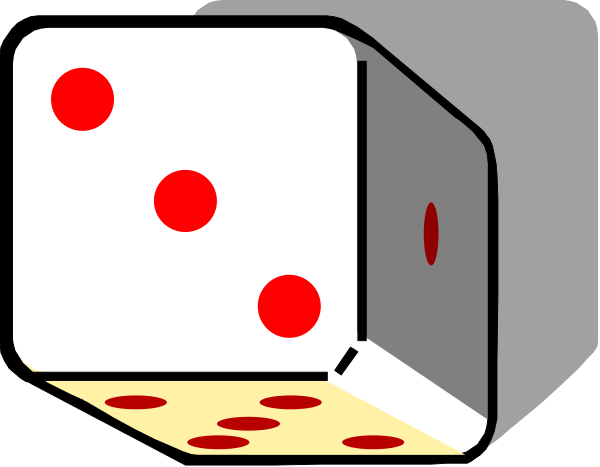 The image shows a closeup of an open box with dice inside it against a black background; there is no text present in this clip-art illustration.