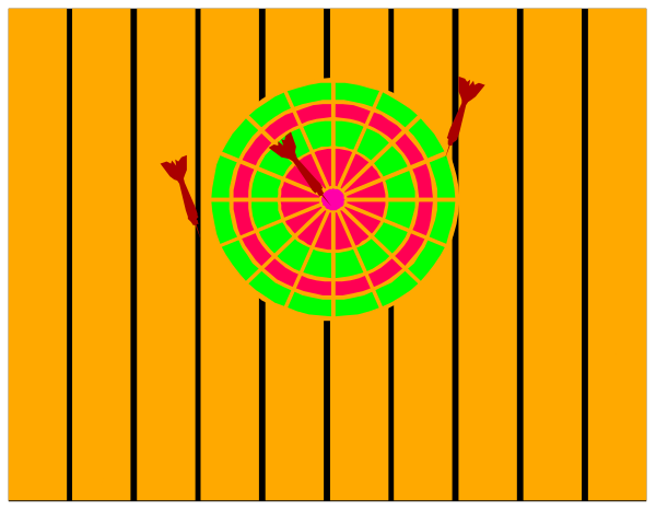 The image shows a darts game with two red arrows pointing at each other on an orange background that resembles wooden planks of a flooring pattern; there is no text present in this clip-art illustration.