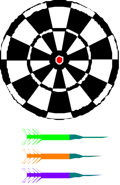 The image shows a darts game with three arrows pointing at different sections of an archery target that has concentric circles around it; there is no text present in this clip-art illustration.