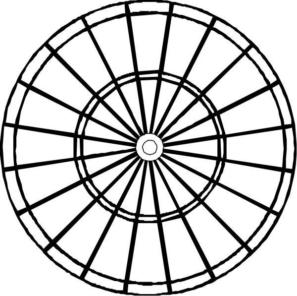 The black and white illustration shows two wheels with spokes radiating from a central hub to an outer rim; each wheel has 12 segments of varying sizes around its circumference. There is no text present in this image, which focuses solely on these objects without any additional context or elements visible within the frame provided by the clip-art style. The setting appears abstract and does not provide information about location or environment beyond what can be directly observed from the wheels themselves.