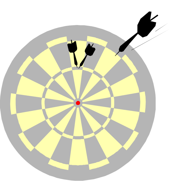 The image shows a darts game with two views of an electronic dartboard: from above showing three red arrows in target areas; below it is another view where one arrow has just been thrown into the board, and there's a small animation indicating that point was scored by hitting bullseye.