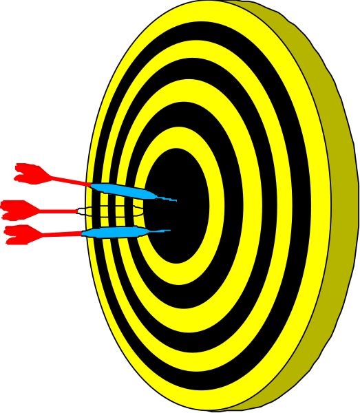 The image shows a target with three arrows pointing at it from different directions against a black background.